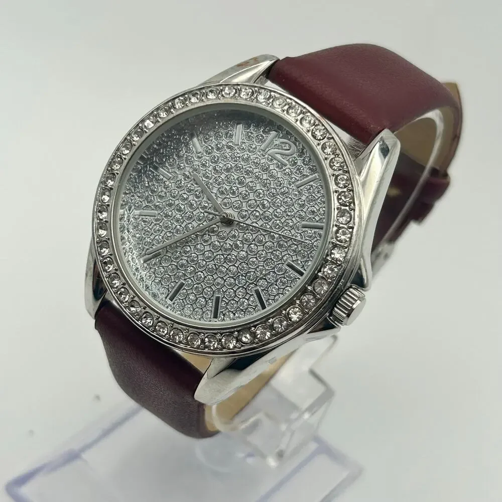 Women’s Silver-tone Dazzling Rhinestone Encrusted Dial Brown Leather Watch